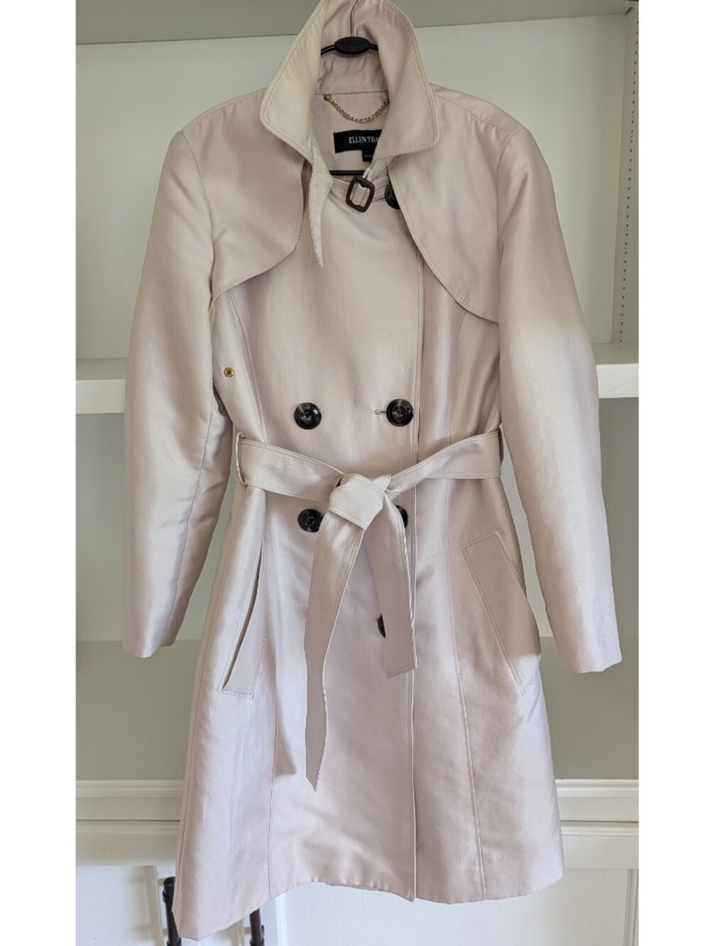 Ellen Tracy Pearl Beige Trench Coat w/ Removable Belt Dark Buttons